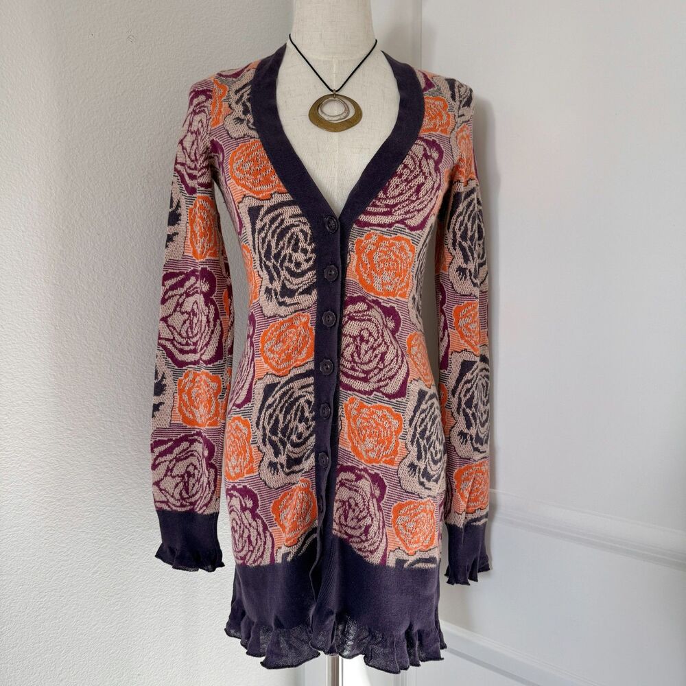 Anthropologie Midi Button Up Cardigan Ruffled Hem Floral Whimsy Fairy Coquette S